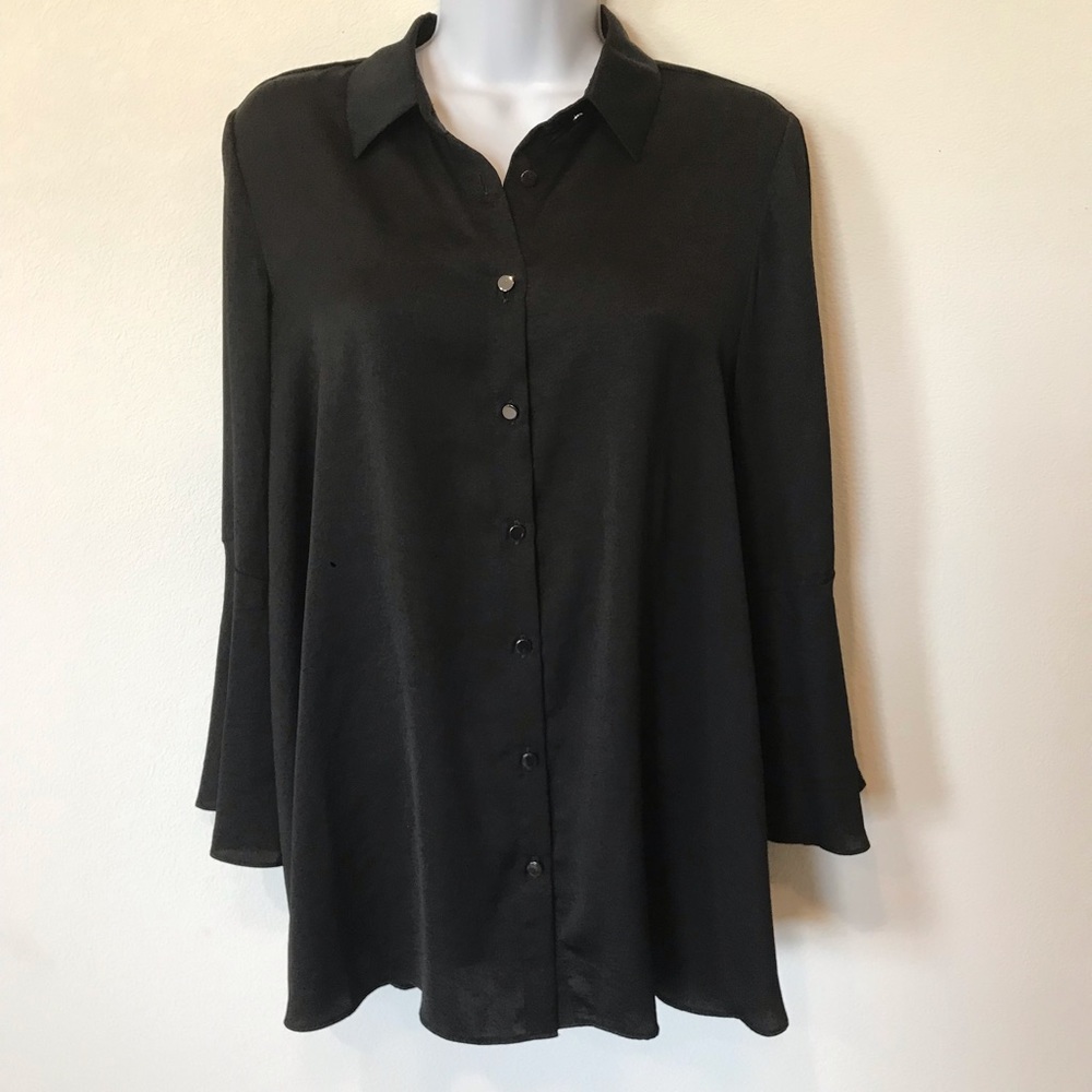 Jones New York Flared Sleeve Black Button Down Blouse Size Medium